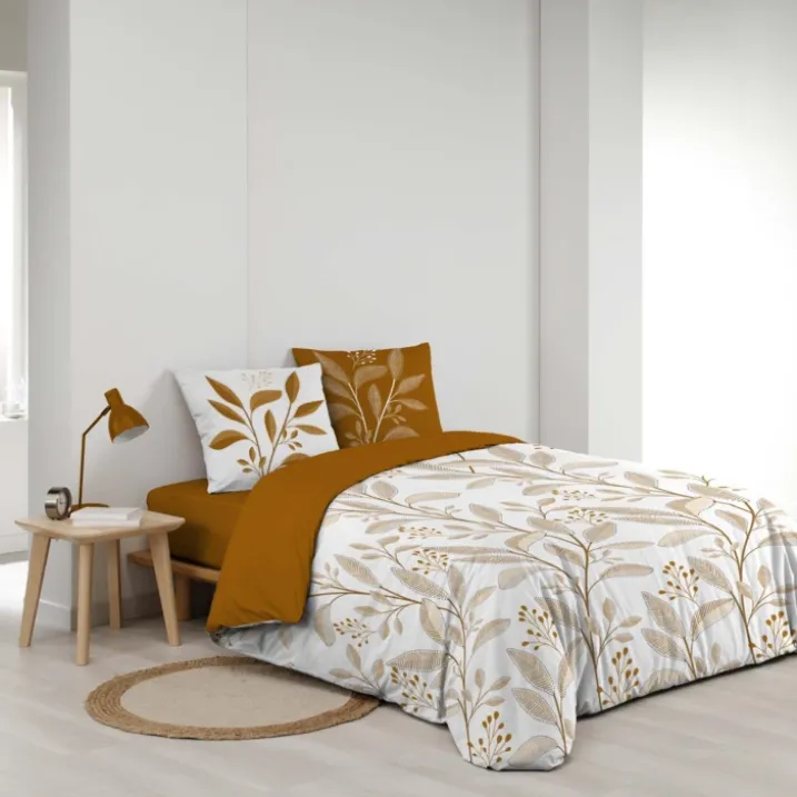 Parure de lit 3 pièces en coton à motif feuilles housse + taies