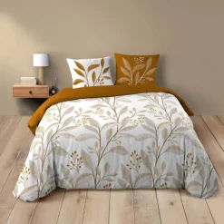 Parure de lit 3 pièces en coton à motif feuilles housse + taies