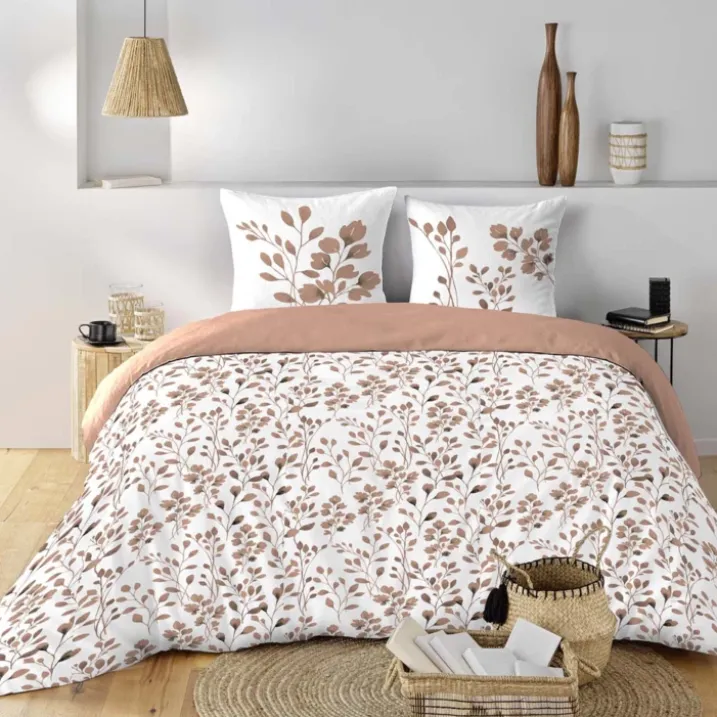 Parure de lit 3 pièces en coton à motif feuillage housse + taies
