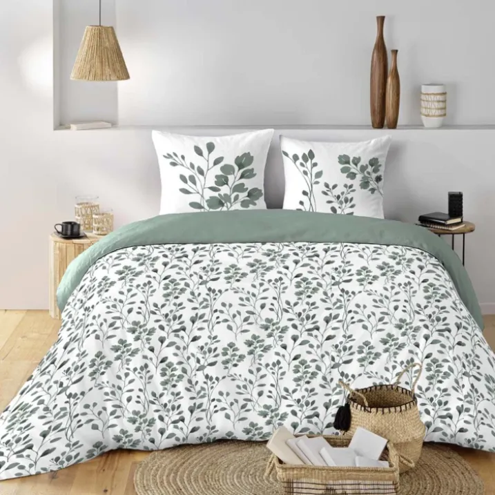 Parure de lit 3 pièces en coton à motif feuillage housse + taies