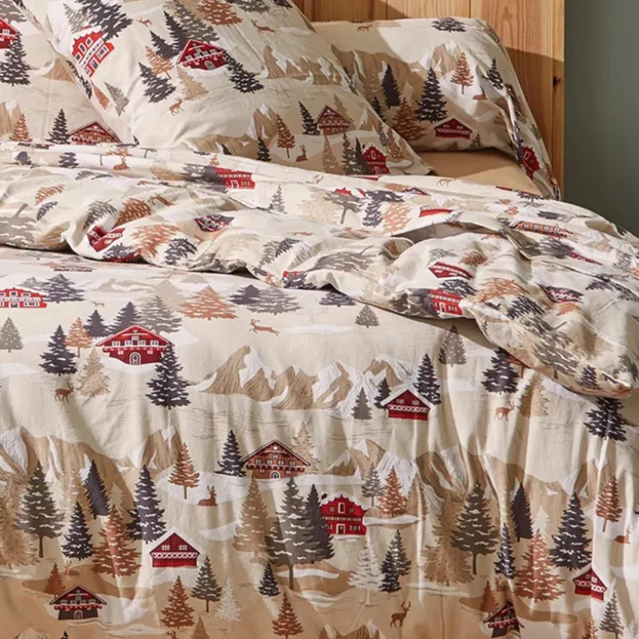 Parure de lit 3 pièces flanelle de coton montagne housse + taies