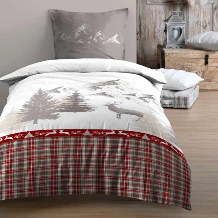 Parure de lit 2 pièces imprimée motif cerf et montagne housse + taie
