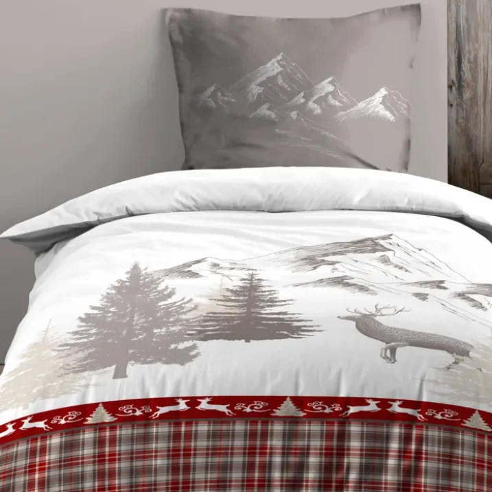 Parure de lit 2 pièces imprimée motif cerf et montagne housse + taie