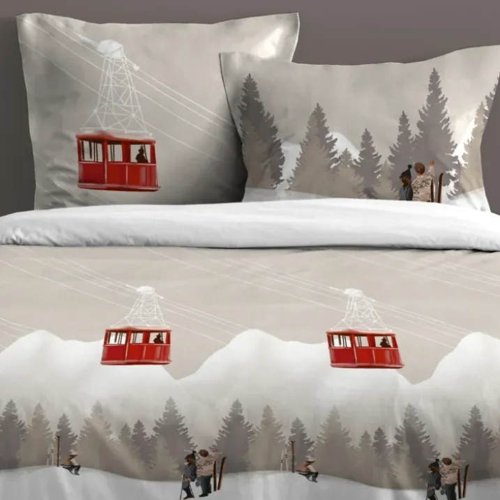 Parure de lit 3 pièces imprimée motif télécabines housse + taies