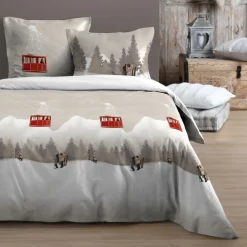 Parure de lit 3 pièces imprimée motif télécabines housse + taies