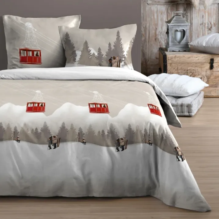 Parure de lit 3 pièces imprimée motif télécabines housse + taies