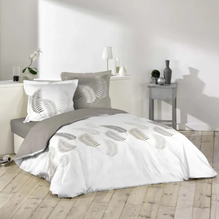 Parure de lit 3 pièces motif feuillages housse + taies