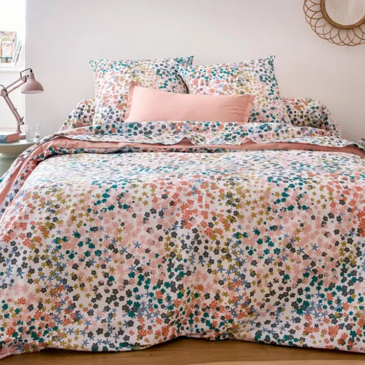 Parure de lit 2 pièces percale de coton 80 fils floral housse + taie