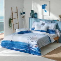 Parure de lit 3 pièces percale de coton voilier marin housse + taies
