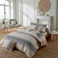 Parure de lit 2 pièces percale de coton dégradé rayé drap + taie