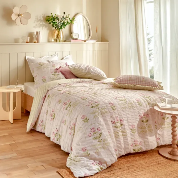 Parure de lit réversible texturée 3 pièces florale housse + taies