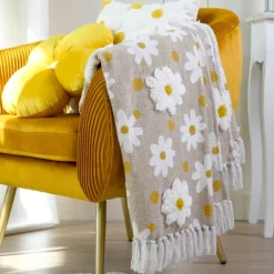 Plaid décoratif imprimé marguerites en polycoton