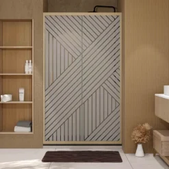 Porte de douche coulissante verre sérigraphié motif géométrique finition bois