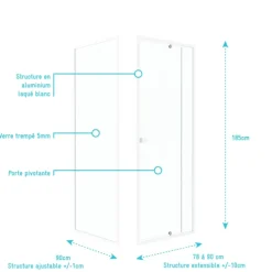 Porte de douche pivotante en verre trempé avec paroi de retour
