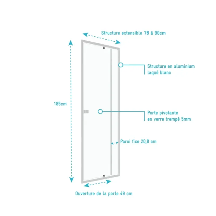 Porte de douche pivotante minimaliste extensible