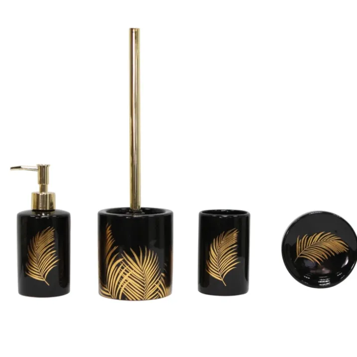 Pot et brosse wc en céramique feuilles dorées