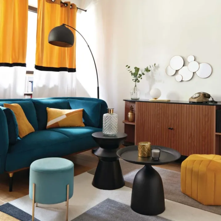 Pouf rond en métal et velours