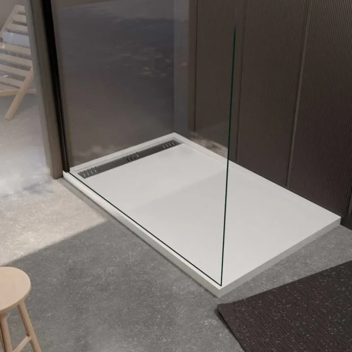Receveur de douche extra-plat en résine effet pierregrille linéaire chrome
