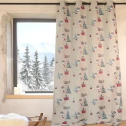 Rideau jacquard à œillets avec motifs skieurs et sapins