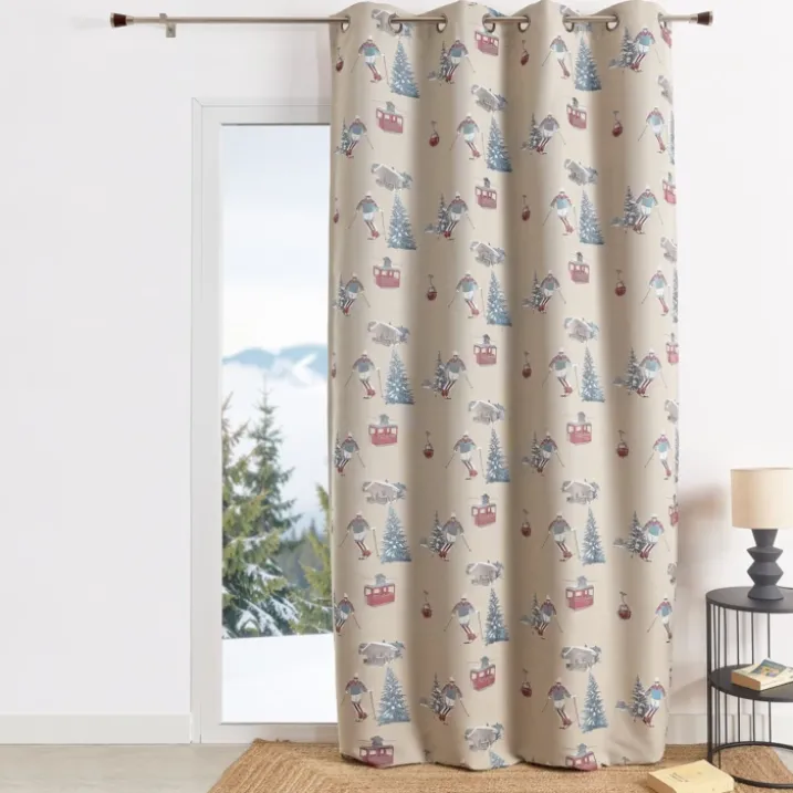Rideau jacquard à œillets avec motifs skieurs et sapins