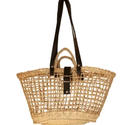 Sac panier en fibre de palmier et anses cuir noir