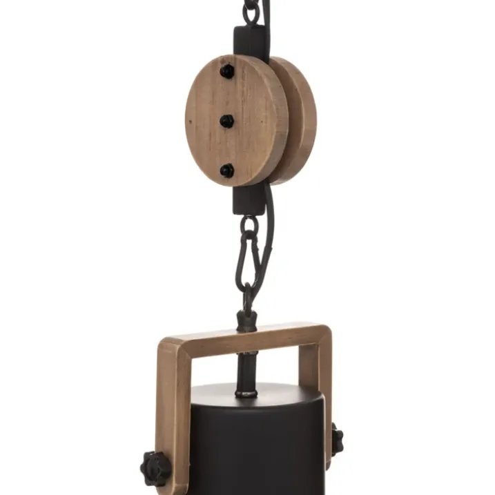 Suspension avec poulie en métal et bois