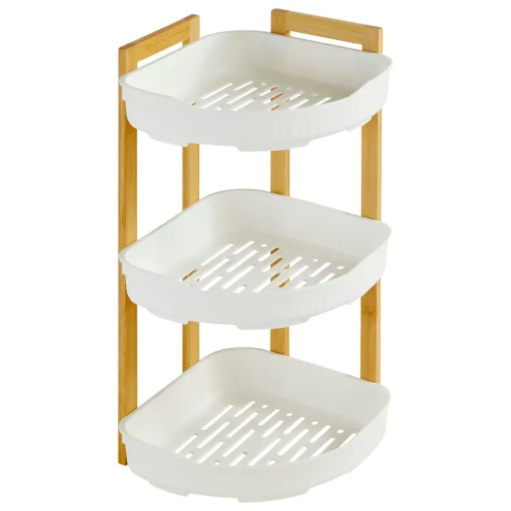 Étagère de douche d’angle 3 niveaux bambou et plastique