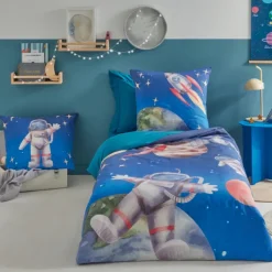 Taie d’oreiller enfant percale de coton astronaute et fusée
