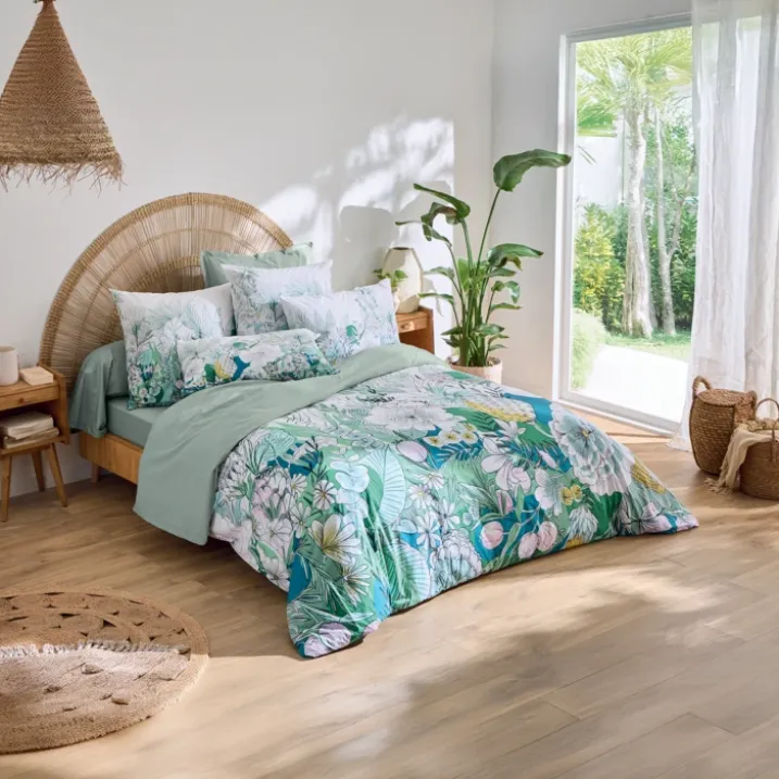 Taie d’oreiller percale de coton feuillage exotique