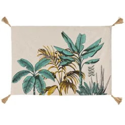 Tapis imprimé feuillages exotiques à pompons